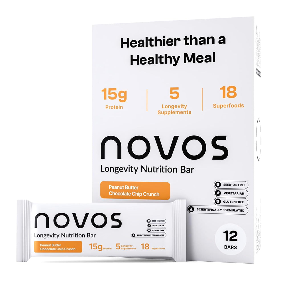 Novos Longevity Protein Bar packaging for convenient daily nutrition on the go.