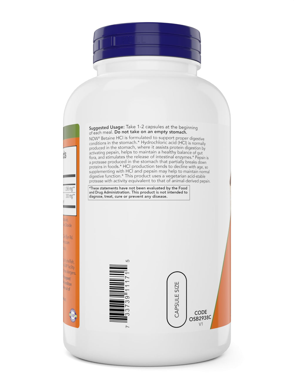 NOW Foods Betaine HCl label highlighting 648 mg HCl per capsule and pepsin.