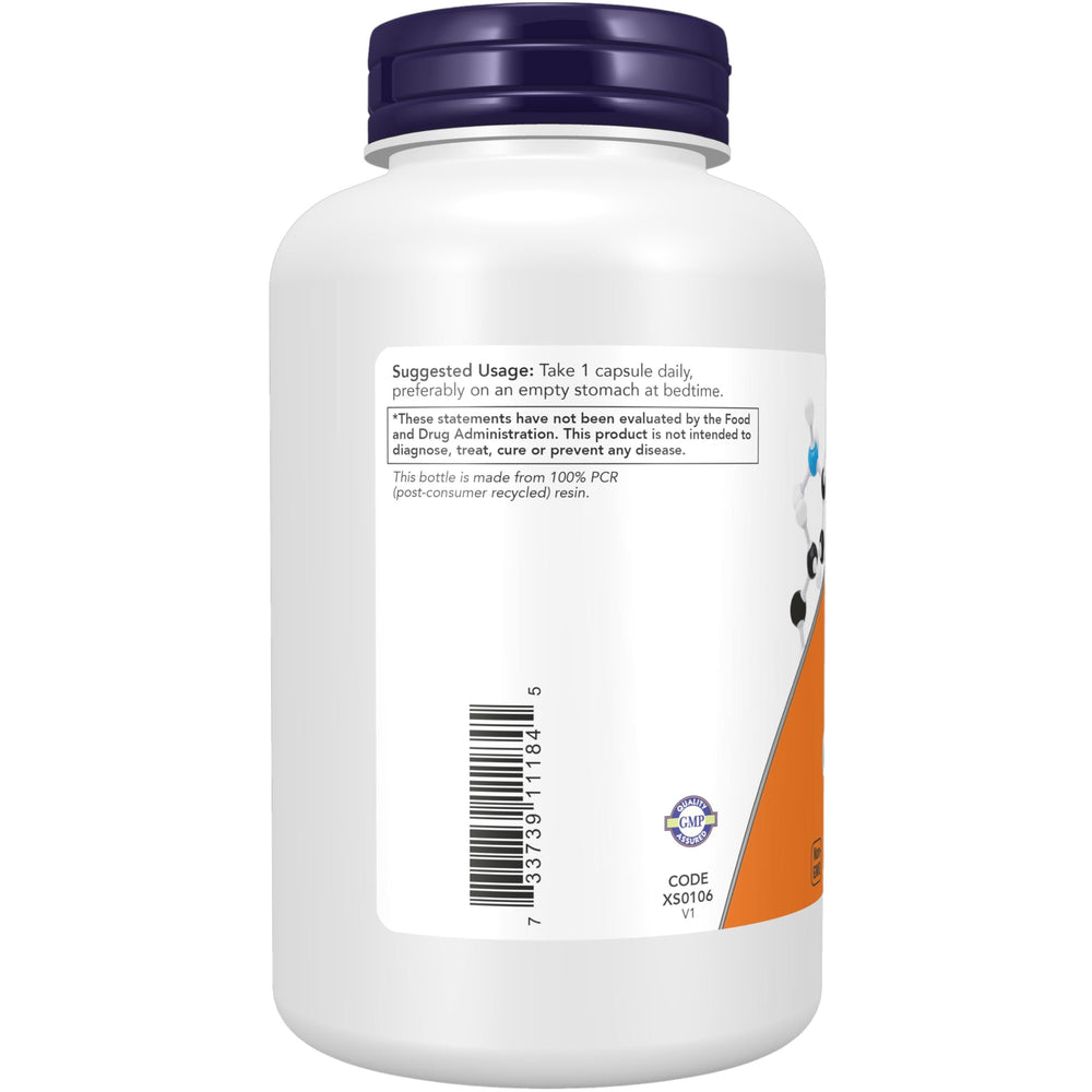 Now Foods 5-HTP bottle label close-up showing natural source.