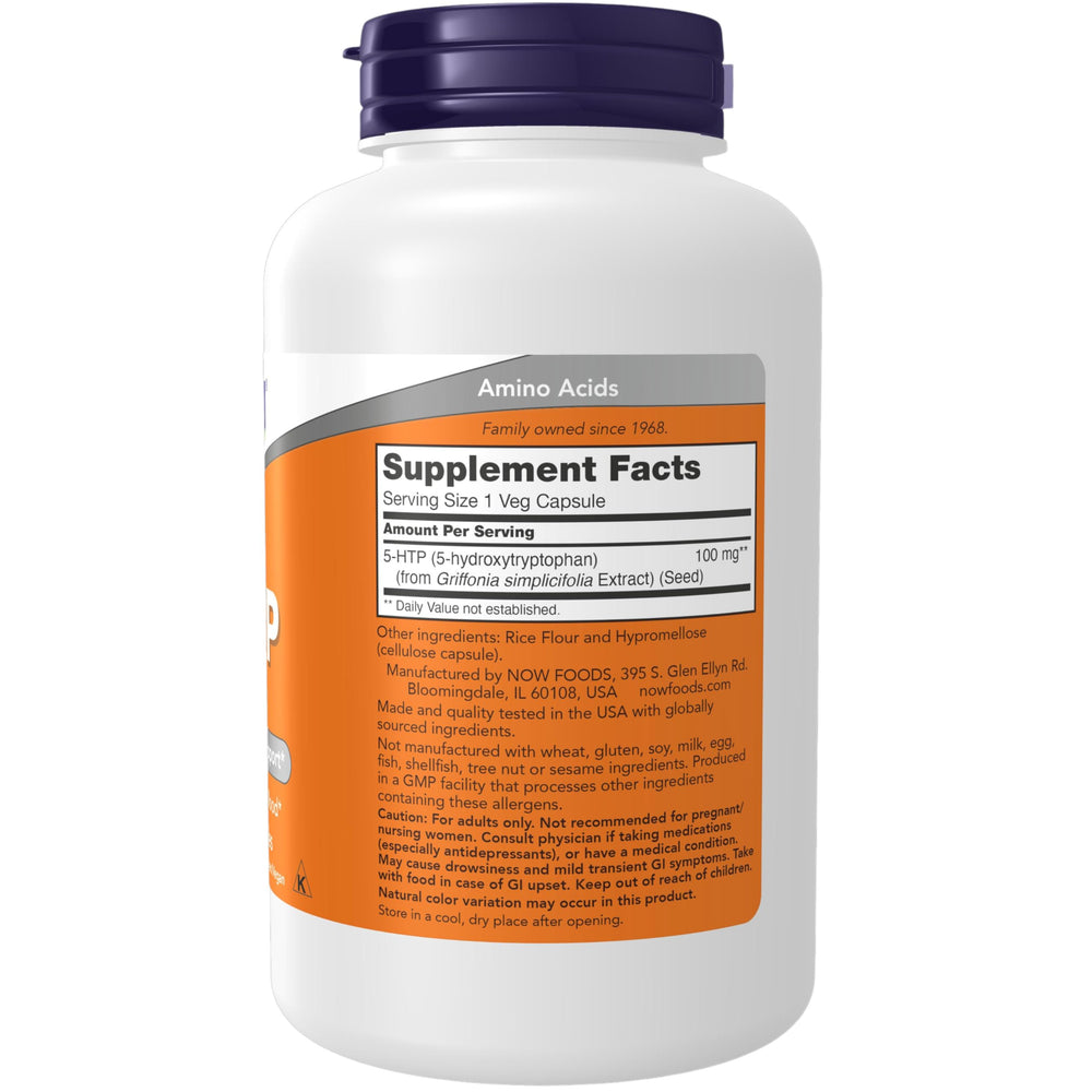 Now Foods 5-HTP vegan capsules ready for daily use.