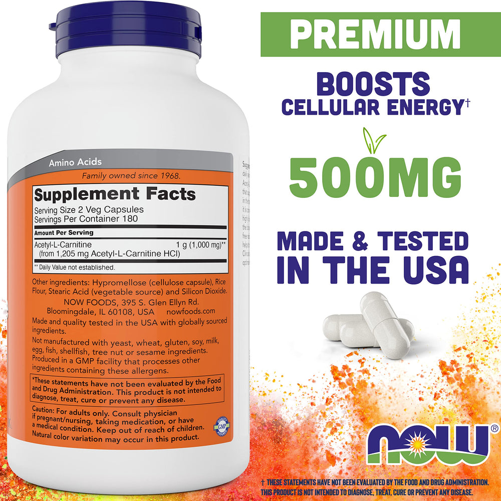 NOW Foods Acetyl L-Carnitine 500mg bottle back lists ingredients and quality.