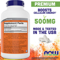 NOW Foods Acetyl L-Carnitine 500mg bottle back lists ingredients and quality.