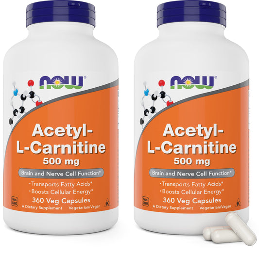 NOW Foods Acetyl L-Carnitine 500mg bottle front supports daily energy.