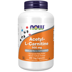 NOW Foods Acetyl-L-Carnitine 500 mg bottle front showing capsules for energy support