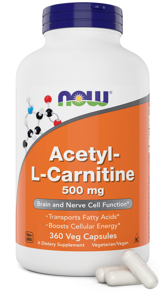 NOW Foods Acetyl-L-Carnitine 500mg bottle with 360 capsules aiding cellular energy support.