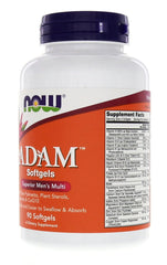 NOW Foods Adam men's multivitamin bottle back reveals ingredients and gluten-free notes