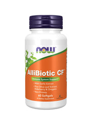 NOW Foods Allibiotic bottle with 60 softgels for a convenient daily supplement routine.
