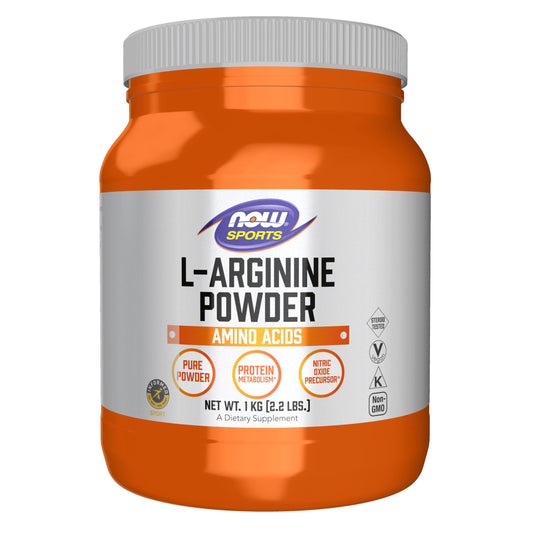 NOW Foods L-Arginine powder bottle, highlighting nitric oxide precursor for workouts