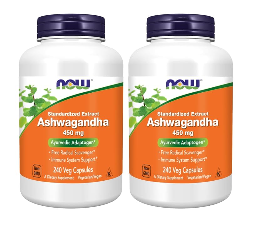 NOW Foods Ashwagandha extract bottle with 450 mg capsules for daily adaptogen support.