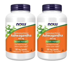 NOW Foods Ashwagandha extract bottle with 450 mg capsules for daily adaptogen support.