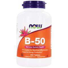 NOW Foods B-50 bottle and tablets for daily energy support.