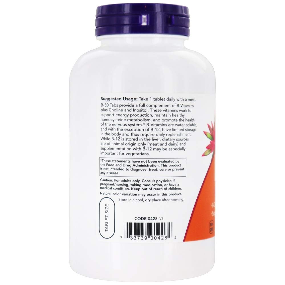 NOW Foods B-50 ingredients label close-up showcasing vitamin B blend.
