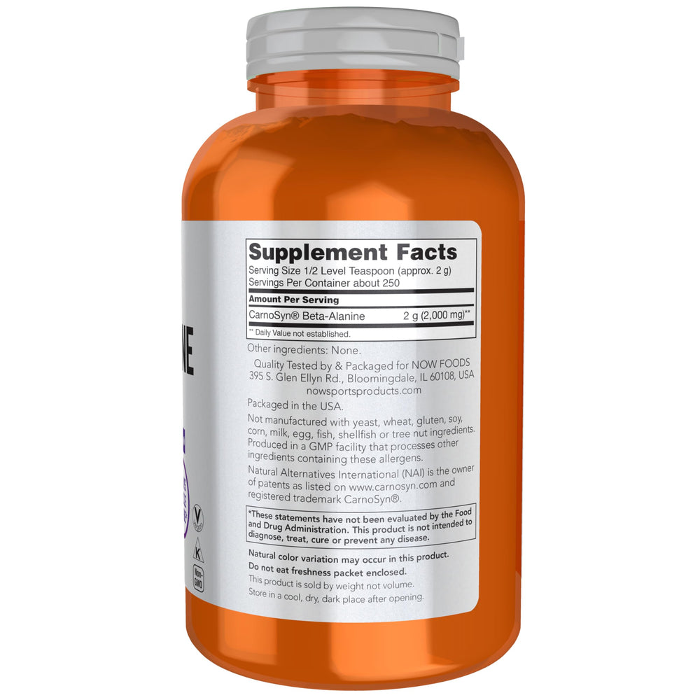 NOW Foods Beta-Alanine powder label closeup highlighting CarnoSyn