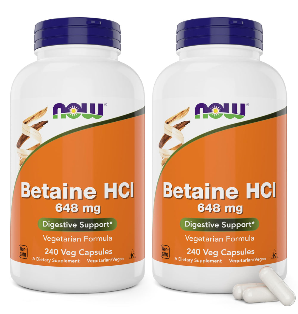 NOW Foods Betaine HCl capsules for meal-time protein digestion support.