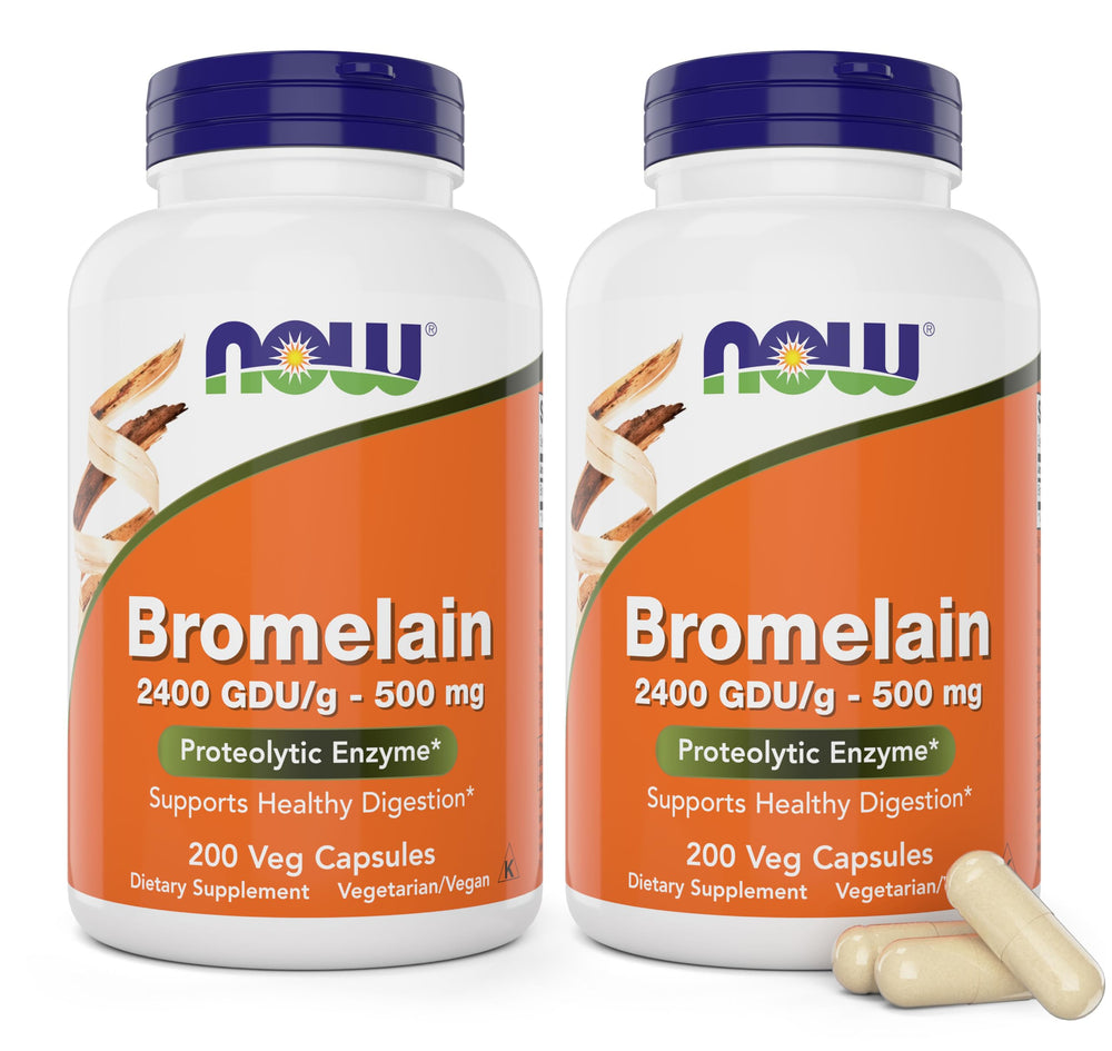 NOW Foods Bromelain 500 mg bottle, vegan digestive enzyme supplement for meals