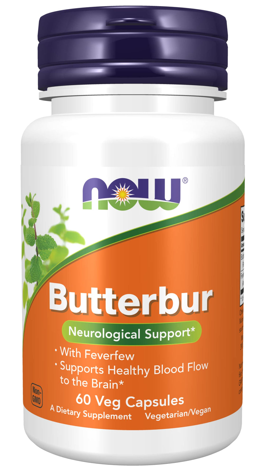 NOW Foods Butterbur bottle highlighting dietary supplement for neurological support potential.