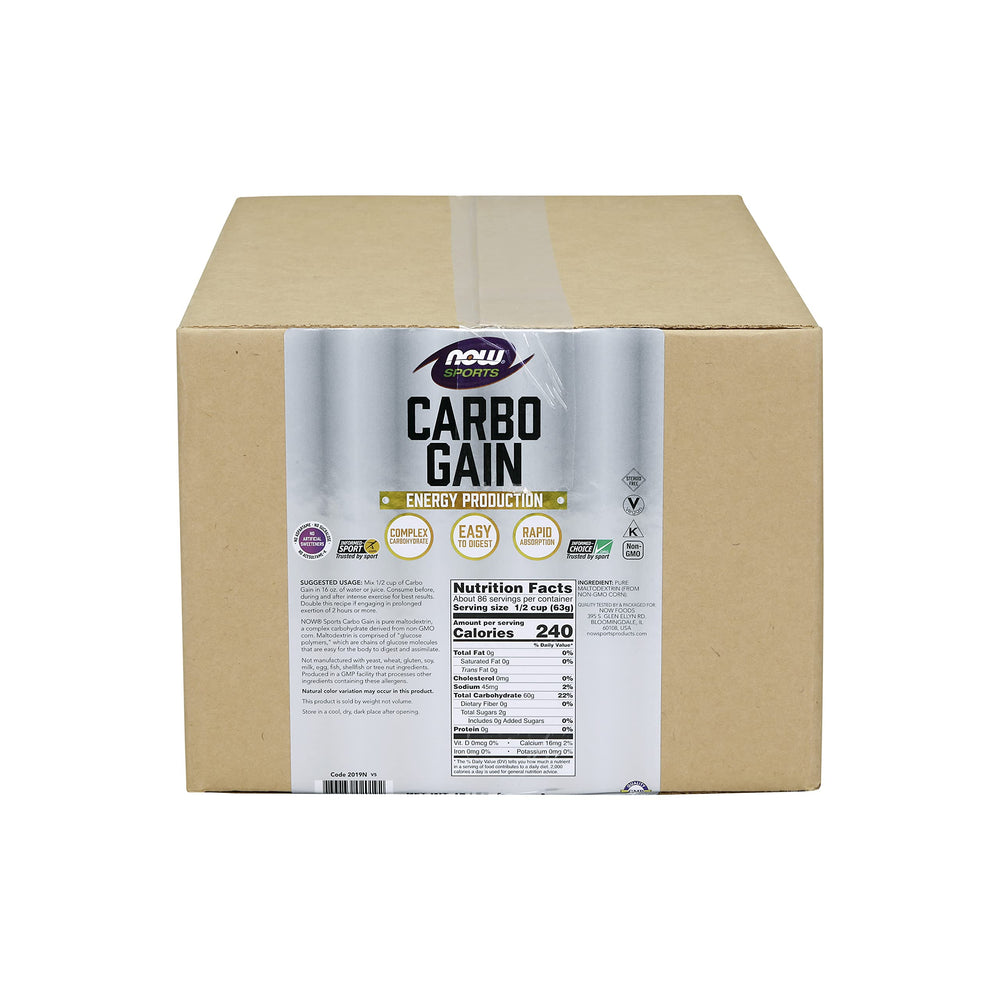 NOW Foods Carbo Gain ingredients close-up emphasizes non-GMO corn maltodextrin