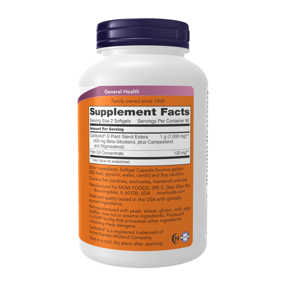NOW Foods CardioAid-S Plant Sterol Esters label highlighting ester blend for cholesterol management