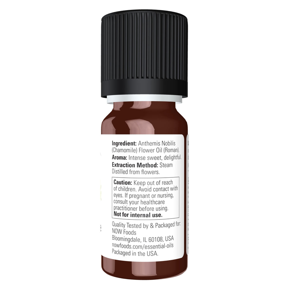 NOW Foods Chamomile Oil bottle beside diffuser, promoting relaxing evenings.