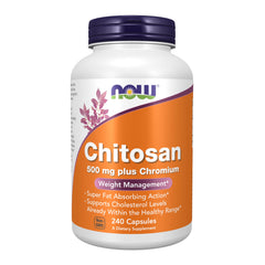 NOW Foods Chitosan 500 mg Chromium bottle label highlights weight management support