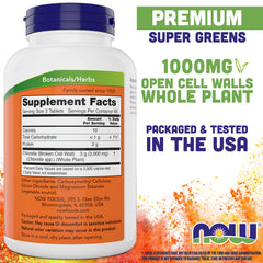 NOW Foods Chlorella 1000 mg tablets bottle side view shows vegan, non-GMO label