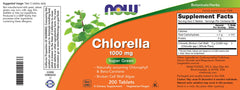 NOW Foods Chlorella 1000 mg tablets label closeup highlights cracked cell technology