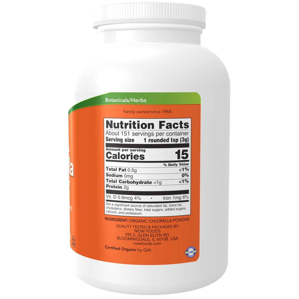NOW Foods chlorella powder jar highlights broken-cell-wall digestibility for easy mixing.