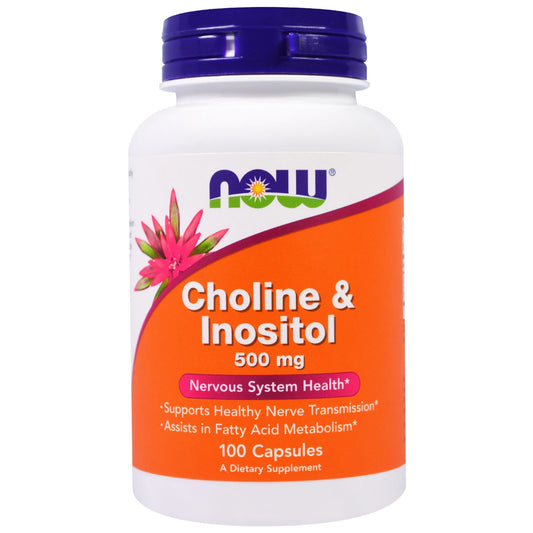 NOW Foods Choline & Inositol bottle label showing 500 mg per capsule for daily balance.