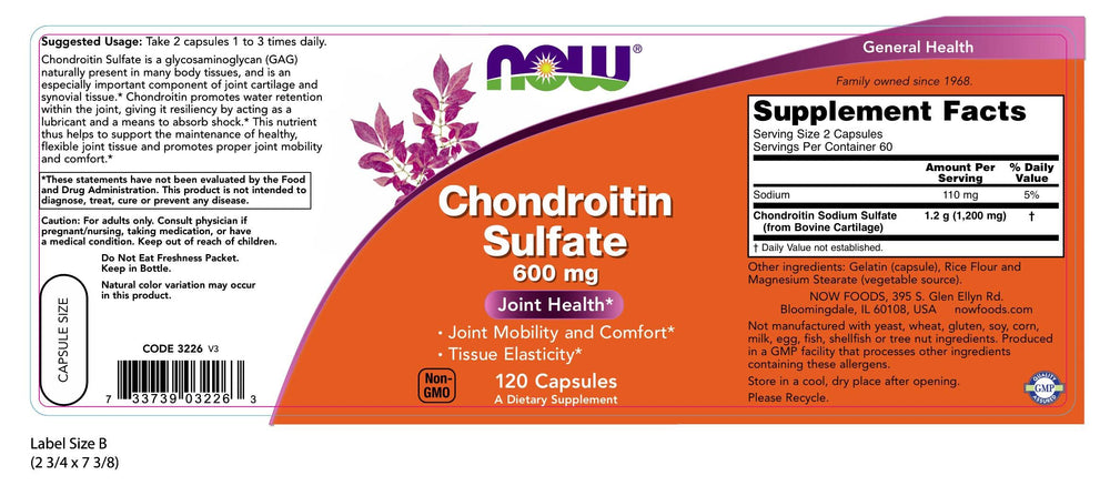 NOW Foods Chondroitin sulfate capsules close-up highlighting high potency formula for joints.