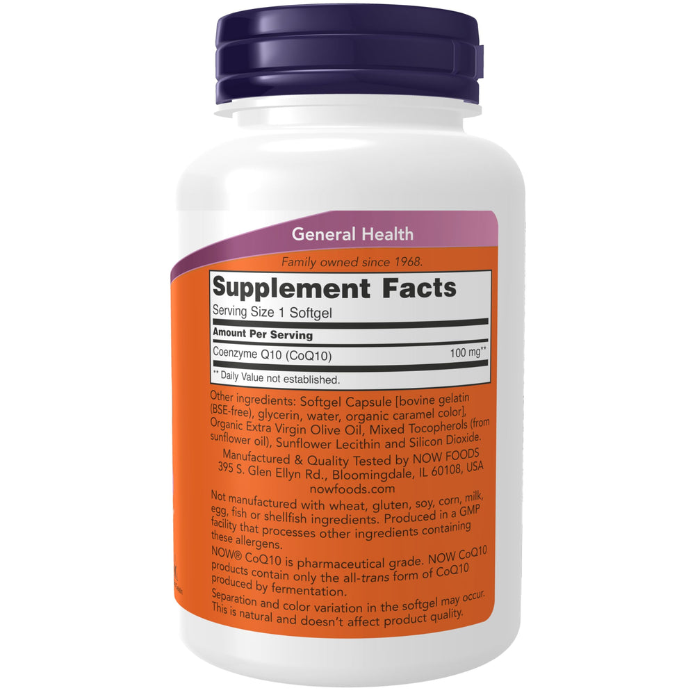 NOW Foods CoQ10 softgels close‑up showing the capsules and texture
