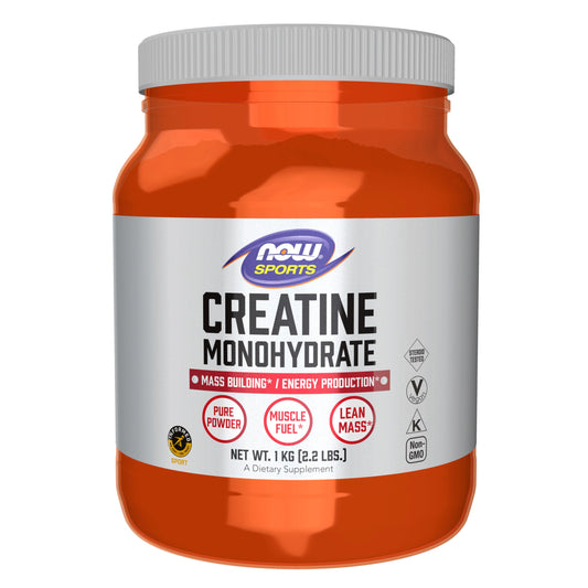 NOW Foods Creatine Monohydrate powder bottle with scoop for energy production.