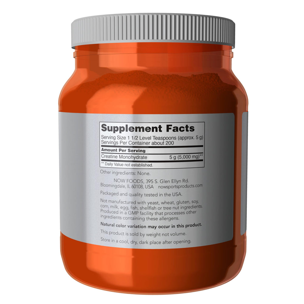NOW Foods Creatine Monohydrate powder jar and scoop shown for lean mass support.