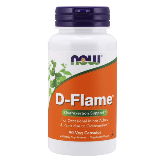 NOW Foods D-Flame bottle front showing a natural support for occasional aches.