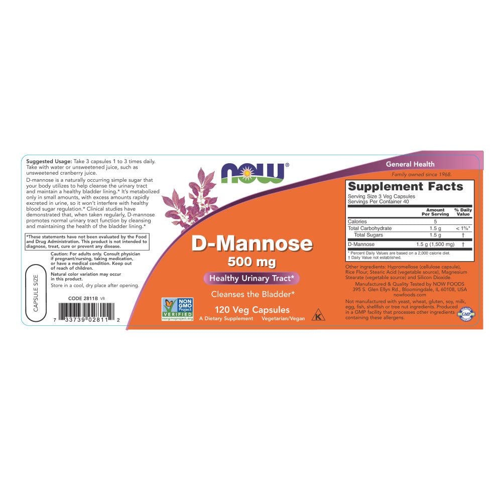 NOW Foods D-Mannose 500 mg capsules close-up, vegan and allergen-free urinary support.
