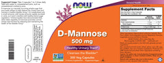NOW Foods D-Mannose bottle label showing vegan, non-GMO formula.