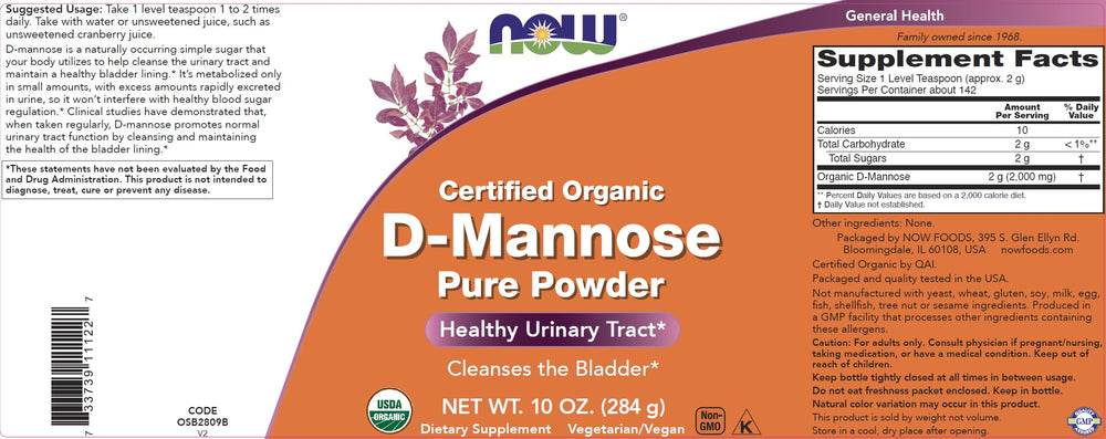 NOW Foods 2-pack packaging emphasizes pure, organic D-Mannose powder