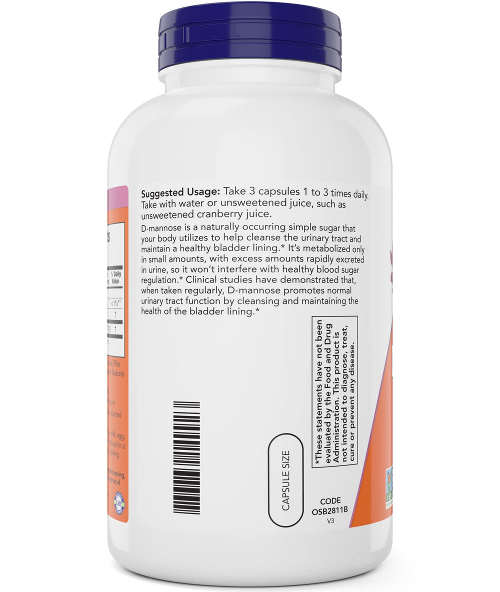 NOW Foods D-Mannose packaging close-up illustrating quality production.