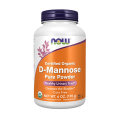 NOW Foods D-Mannose Powder bottle closeup for vegan urinary tract support.