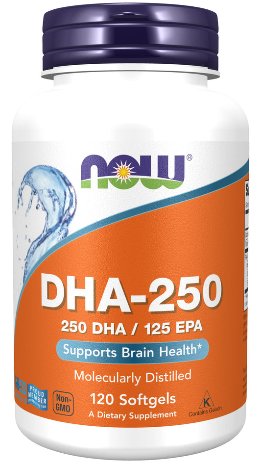 NOW Foods DHA-250 bottle front with 120 softgels for daily use