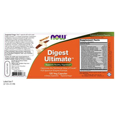 NOW Foods Digest Ultimate bottle label highlights vegan-friendly enzyme blend for plant-based digestion.