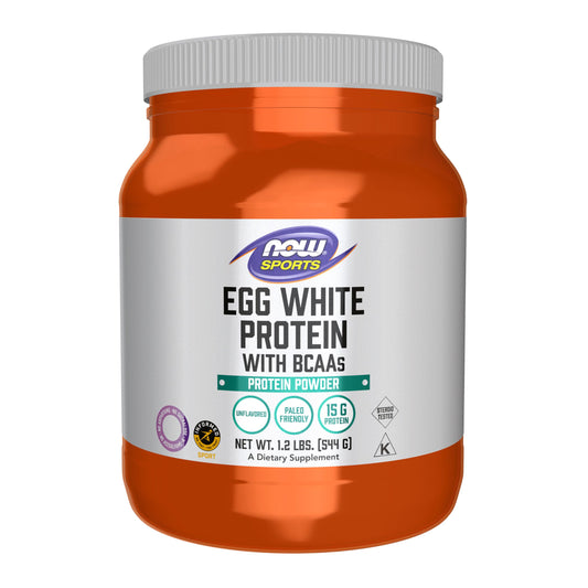 NOW Foods Egg White Protein powder jar shows 16 g protein per serving for shakes