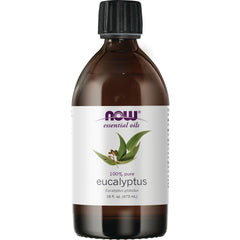 NOW Foods eucalyptus essential oil bottle for aromatic diffusion and room refreshment.