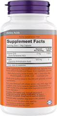 NOW Foods GABA 500 mg capsules label highlights vegan and kosher status.