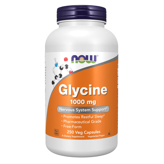 NOW Foods glycine 1000 mg capsules front view for simple daily wellness support.