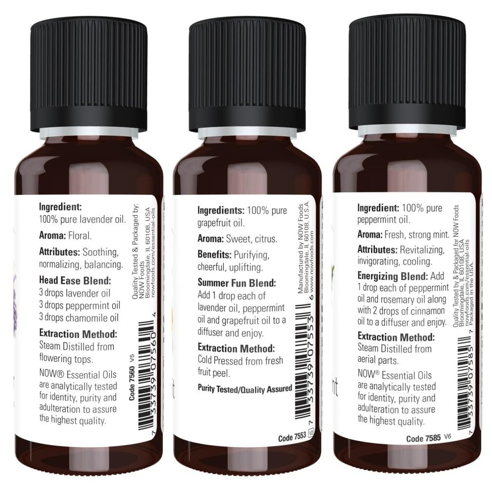 NOW Foods Grapefruit essential oil bottle highlighting bright citrus aroma for diffusion