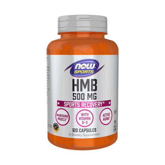 NOW Foods HMB 500 mg bottle front view for lean muscle support