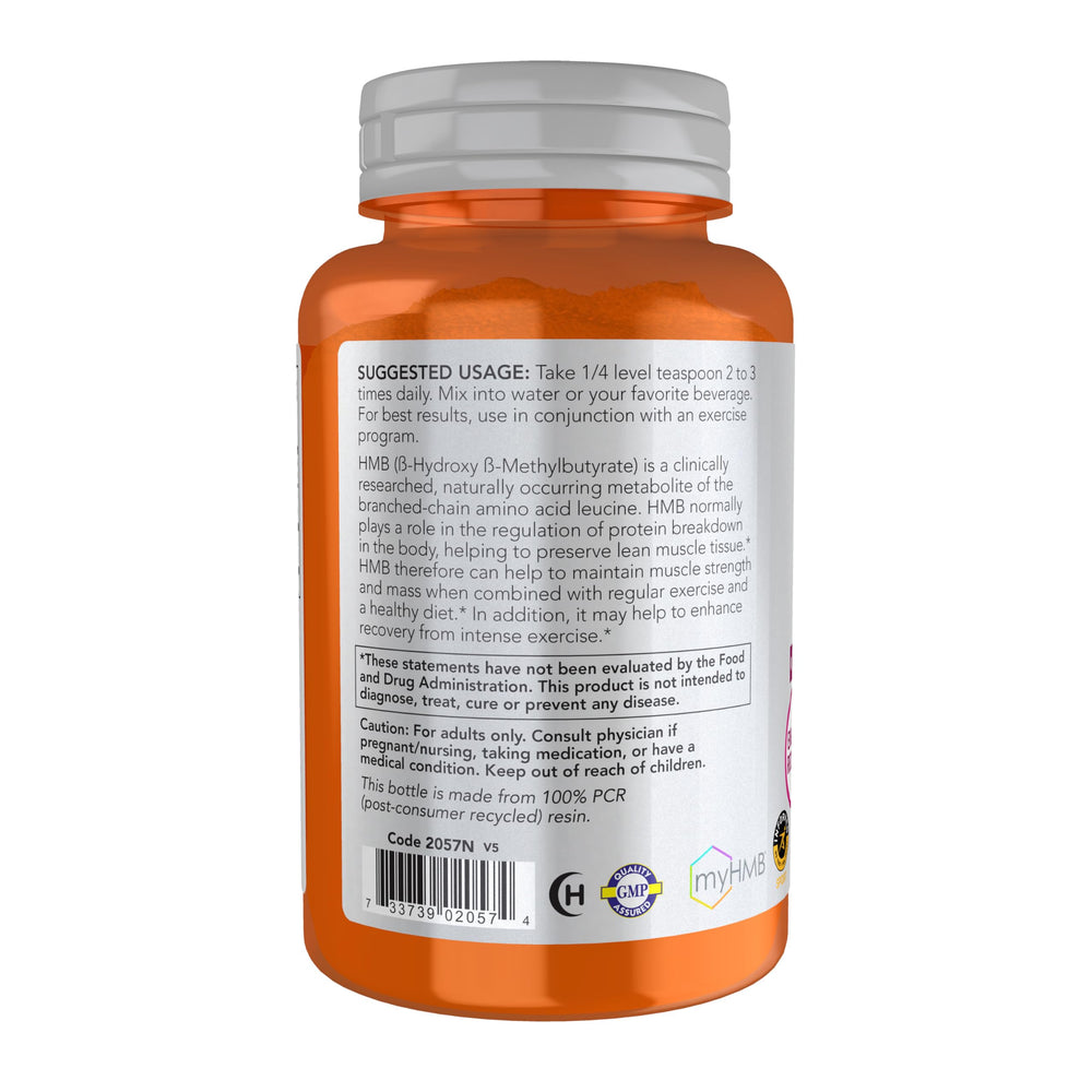 NOW Foods HMB powder label highlights GMP quality for purity