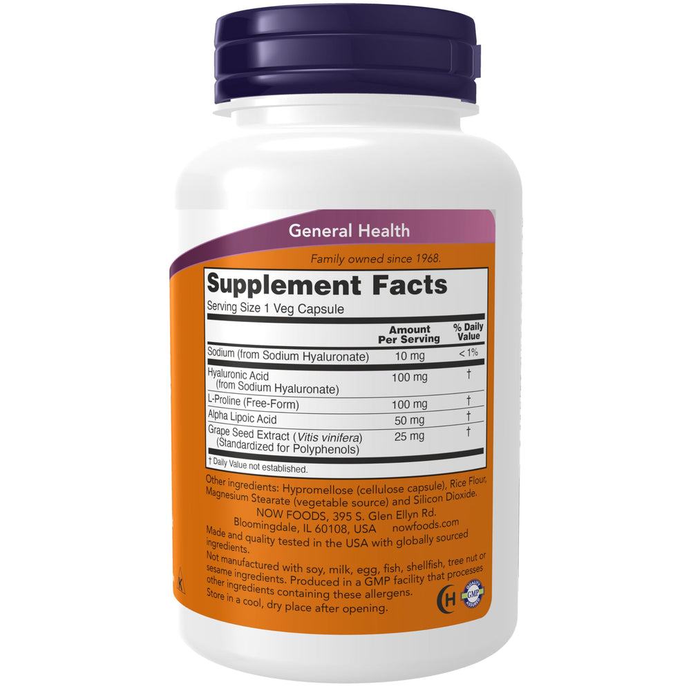NOW Foods Hyaluronic Acid capsules pack vegan and gluten-free supplementation option.