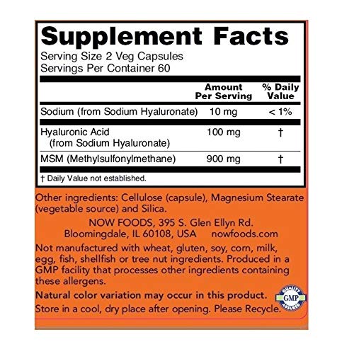 NOW Foods Hyaluronic Acid with MSM capsules in use for daily joint support.