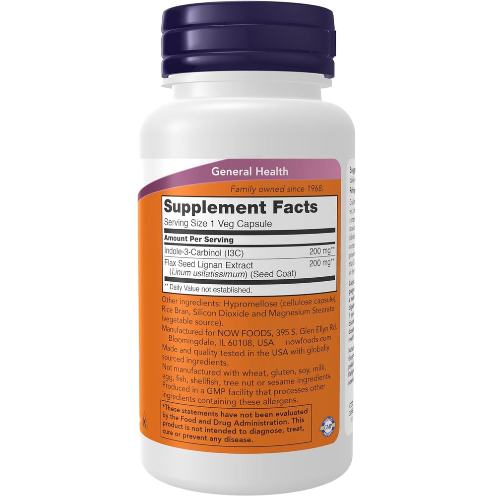 NOW Foods Indole-3-Carbinol 200 mg bottle label highlighting flax lignans and quality manufacturing.